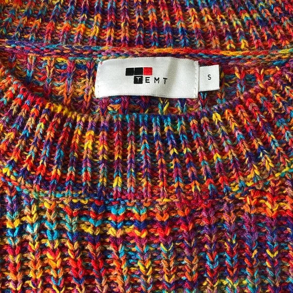 Bright rainbow multicolour space dye jumper round neck Temt NWOT S - Picture 6 of 9